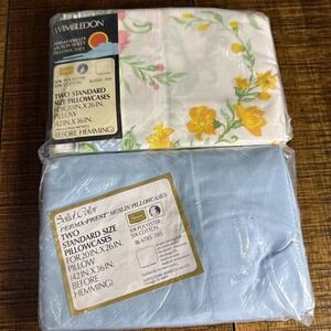 Vtg NOS 80s Pastel Floral Sears WIMBLEDON‎ + Solid Blue Pillowcases Cottagecore
